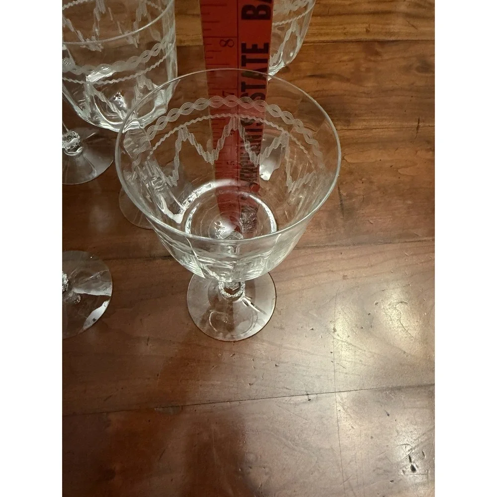 Set of 5 Fostoria Glass Castle Geometric‎ Needle Etch #87 Water Goblets 7.5
